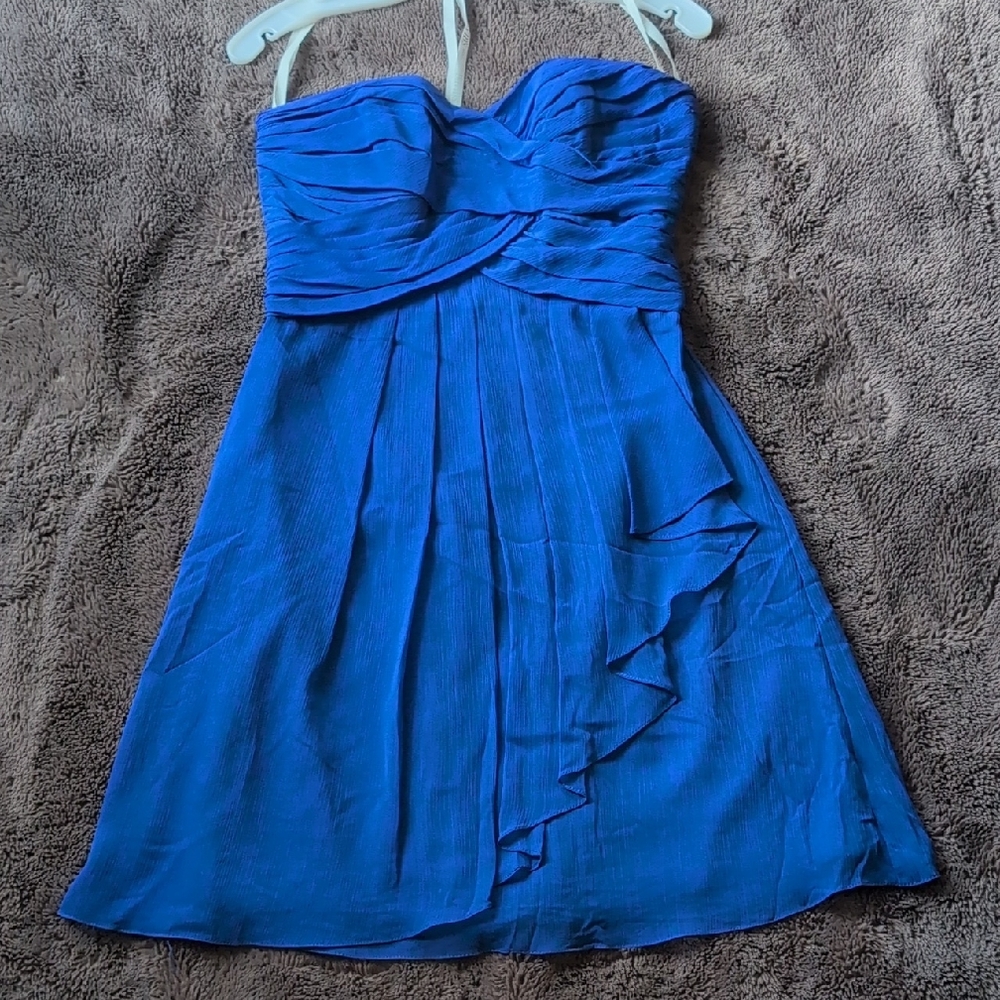 David's Bridal Strapless Royal Blue Pleated A-Line Dress with Ruffle Detail
